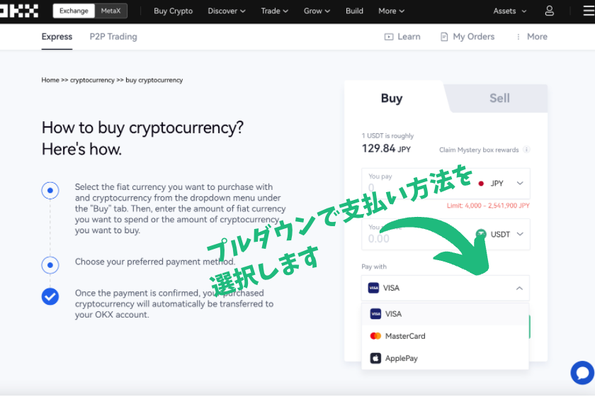 OKX入金仮想通貨購入方法