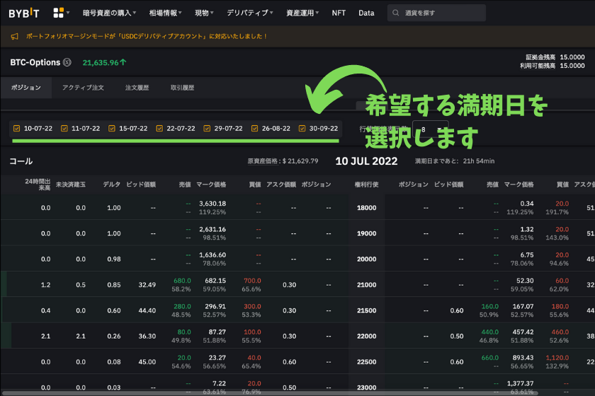 Bybit オプション 取引画面 満期日