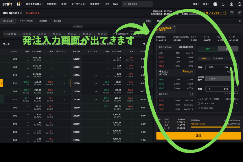 Bybit オプション 注文選択 発注詳細入力