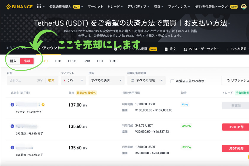 Binance P2P 売却オファーリスト表示