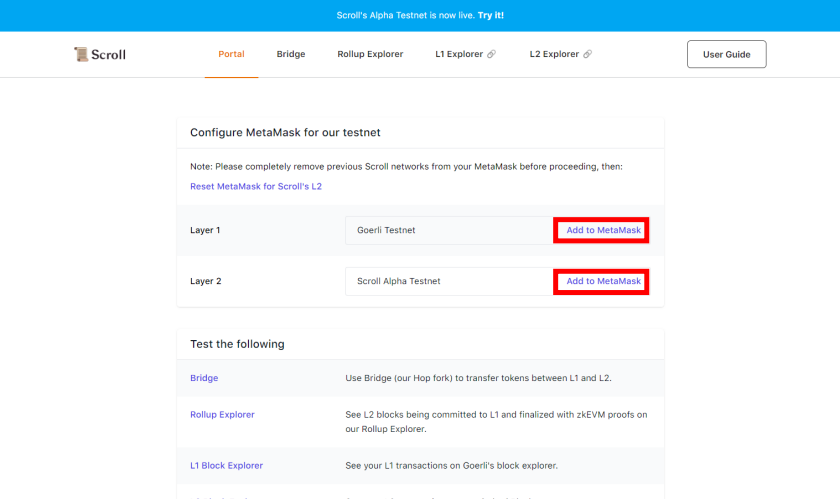 Scroll テストネット「ネットワーク追加」