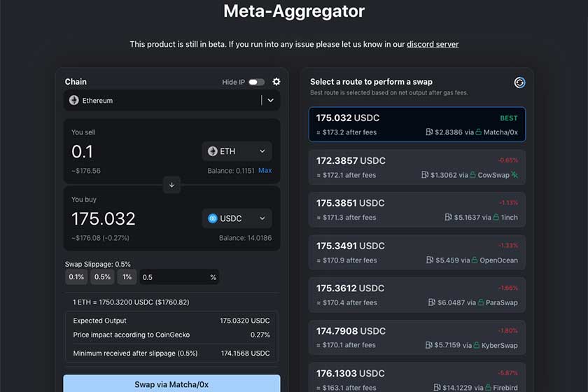 DeFiLlama使い方「SwapAggrigater」