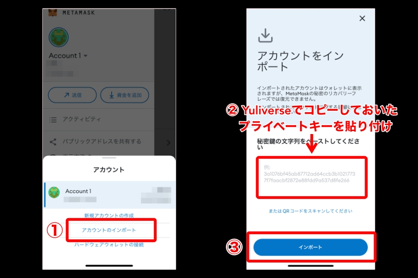Yuliverse「メタマスクアプリからアカウントのインポート2」