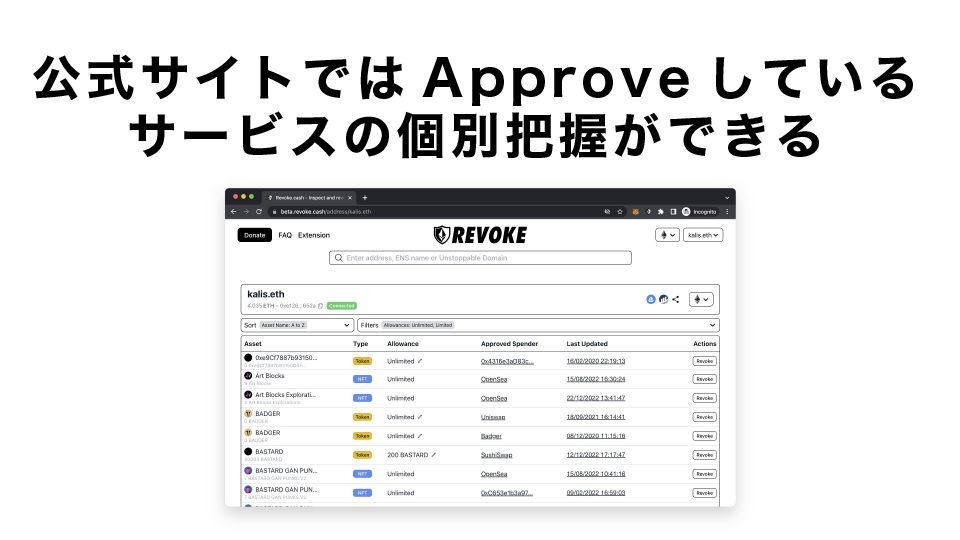 公式サイトではApproveしているサービスの個別把握ができる