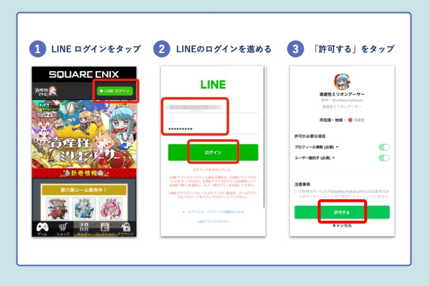 資産性ミリオンアーサー「LINEへログイン」