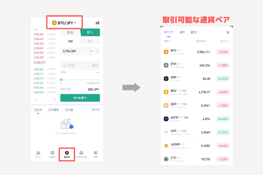 BitTrade（ビットトレード）仮想通貨　購入方法　仮想通貨選択