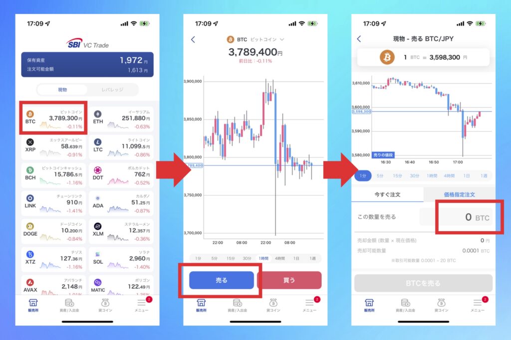 SBI VCトレード　【販売所】仮想通貨を売却する手順1