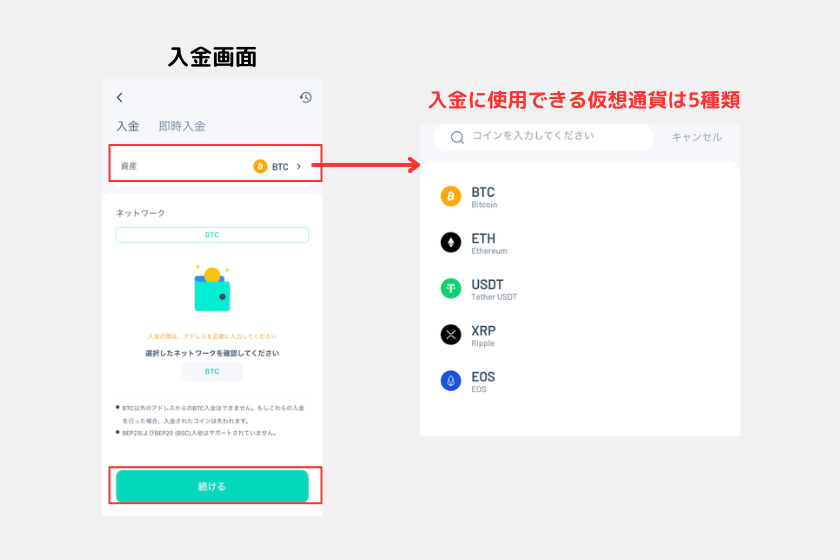 ⑨Zoomex 使い方　スマホアプリ　入金　仮想通貨選択　