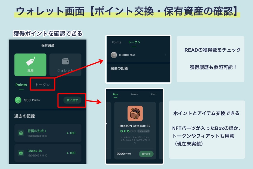 ReadON「ウォレット画面【ポイント交換・保有資産の確認】」