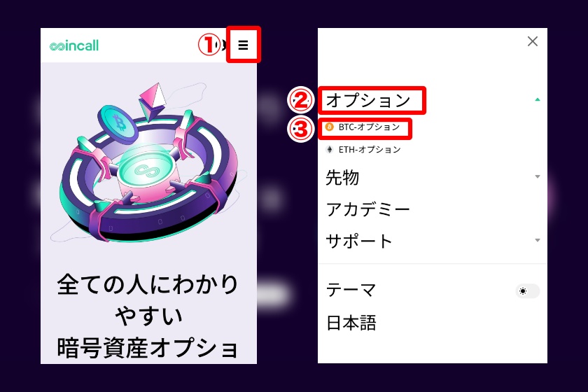 Coincall「オプション取引画面にアクセス」
