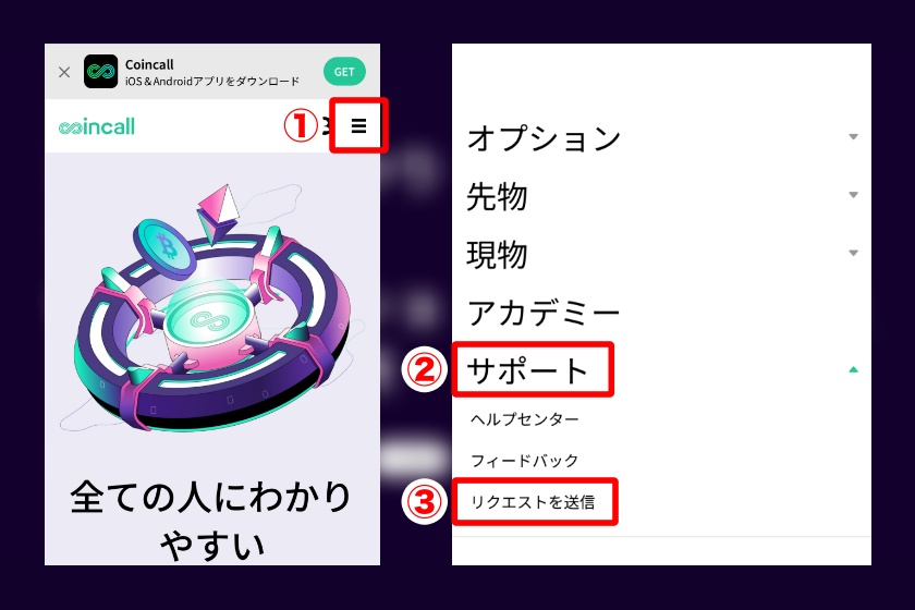 Coincall口座開設「サポートへの問い合わせ手順1」