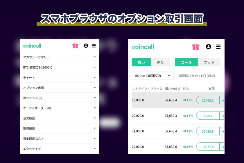 Coincall日本人「スマホブラウザのオプション取引画面」