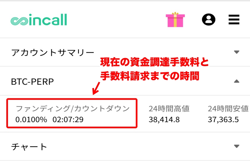 Coincall手数料「資金調達手数料の確認」