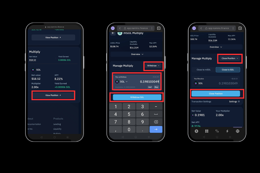 kamino financeのMultiplyの解除画面