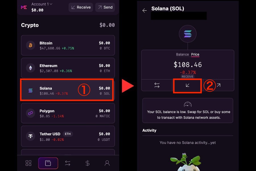 Magic Eden「通貨一覧メニューからSolanaを選択し、「Receive」をクリックすると入金アドレスが表示される」