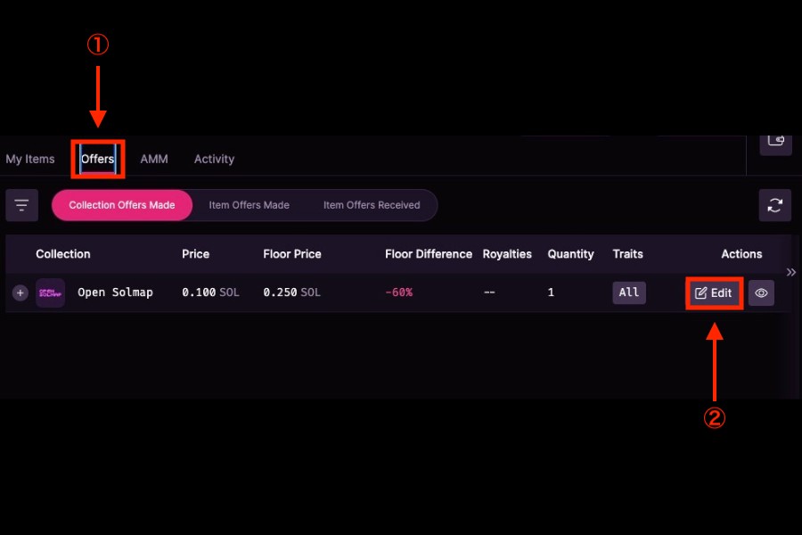 Magic Eden「アカウントページの「Offers」から「Edit」ページにアクセス」