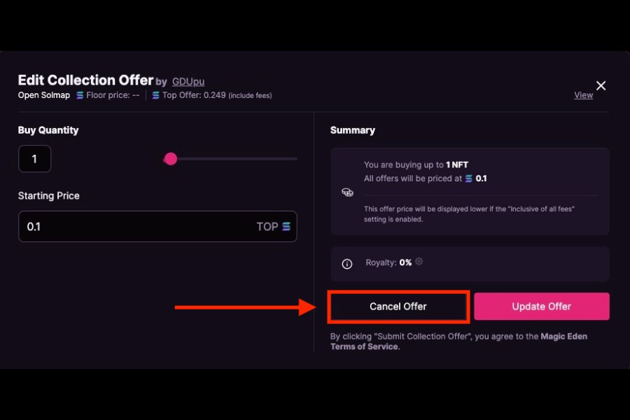 Magic Eden「「Cansel Offer」をクリックすればオファーが取り消されます。」