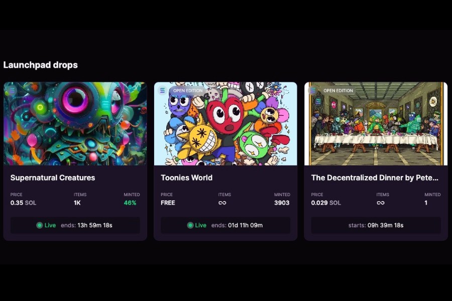 Magic Eden「トップページの「Launchpad drops」には、現在開催中または今後開催されるLaunchpadが表示されている」