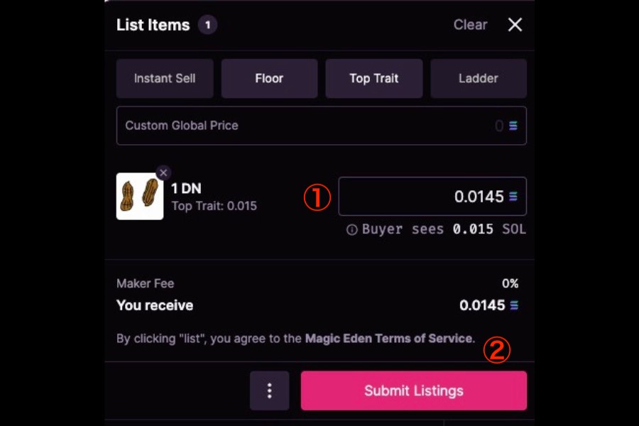 Magic Eden「出品価格を入力して「Submit Listings」をクリック」