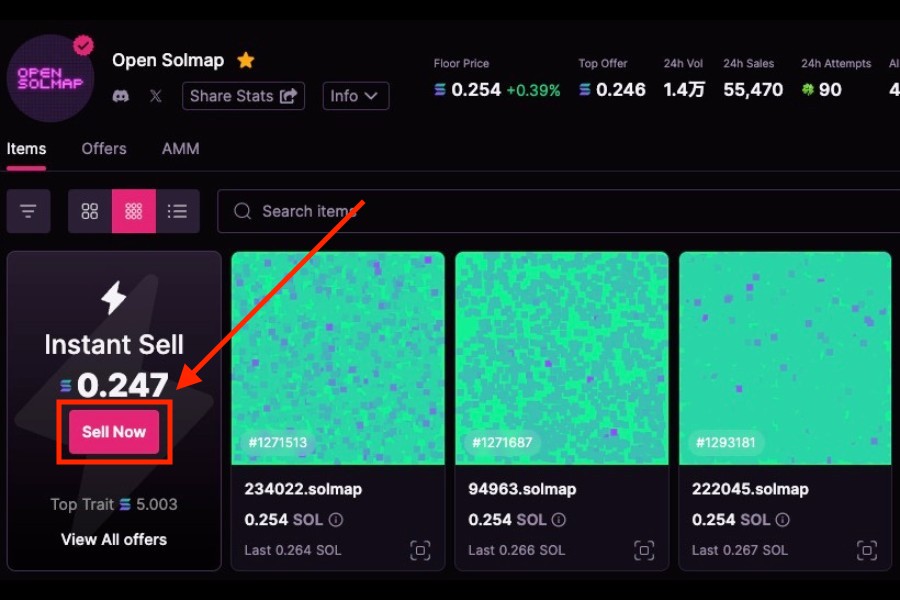 Magic Eden「保有しているNFTのコレクションページにアクセスして、Instant Sellと書かれた箇所の「Sell Now」をクリック」