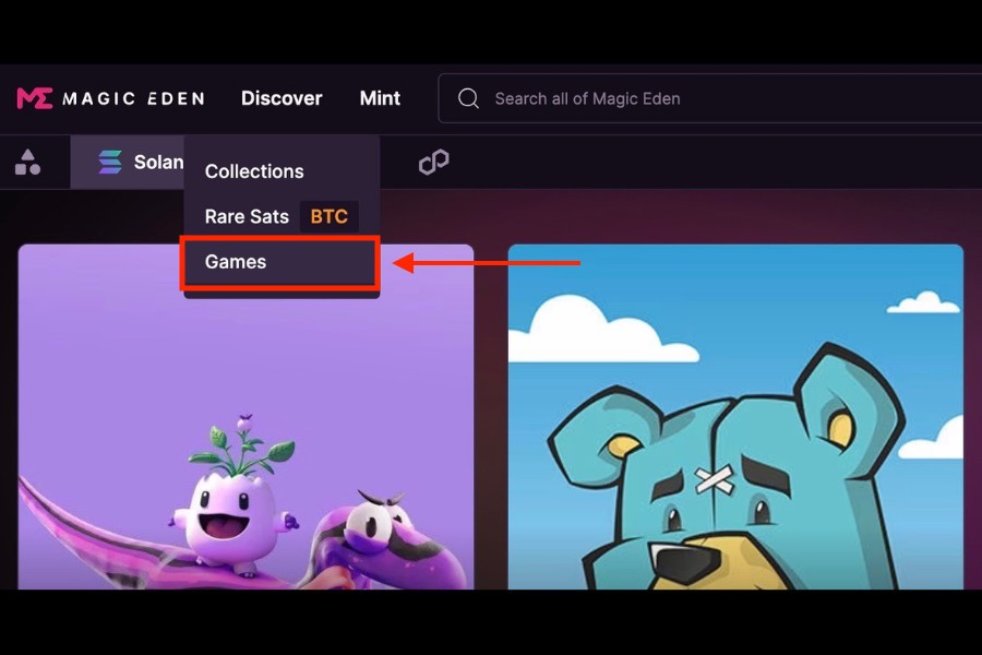 Magic Eden「「Discover」メニューから「Games」ページにアクセス」