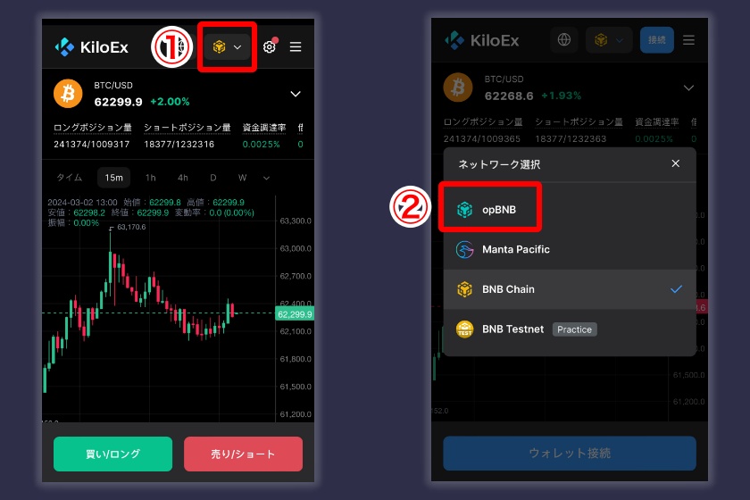 KiloEx「opBNBで取引を進める場合1」
