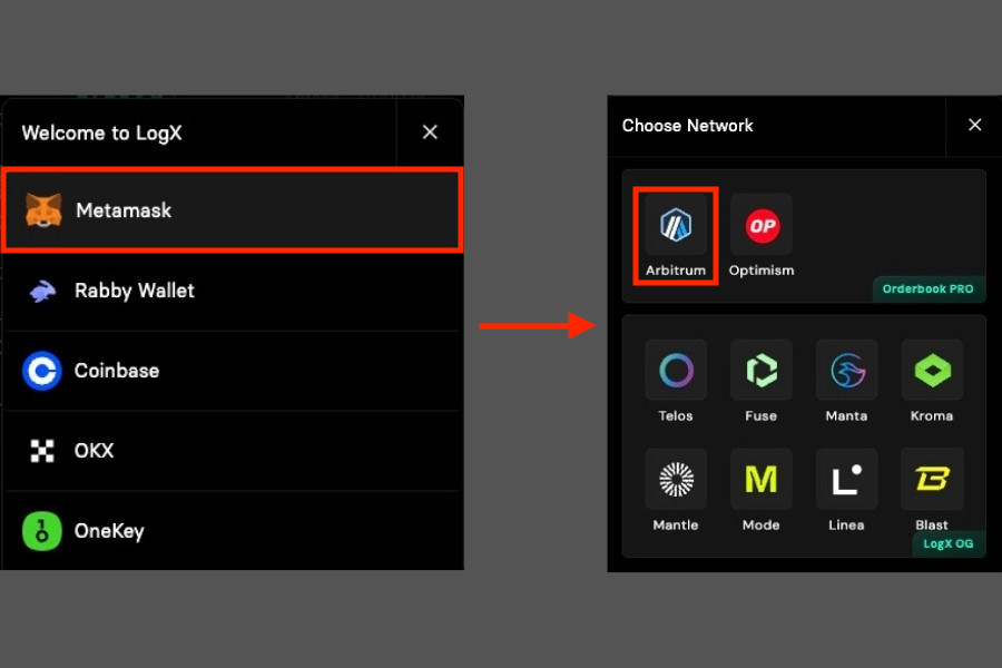 LogX「ウォレット選択画面でメタマスクを選び、チェーン選択画面でArbitrumをクリック」