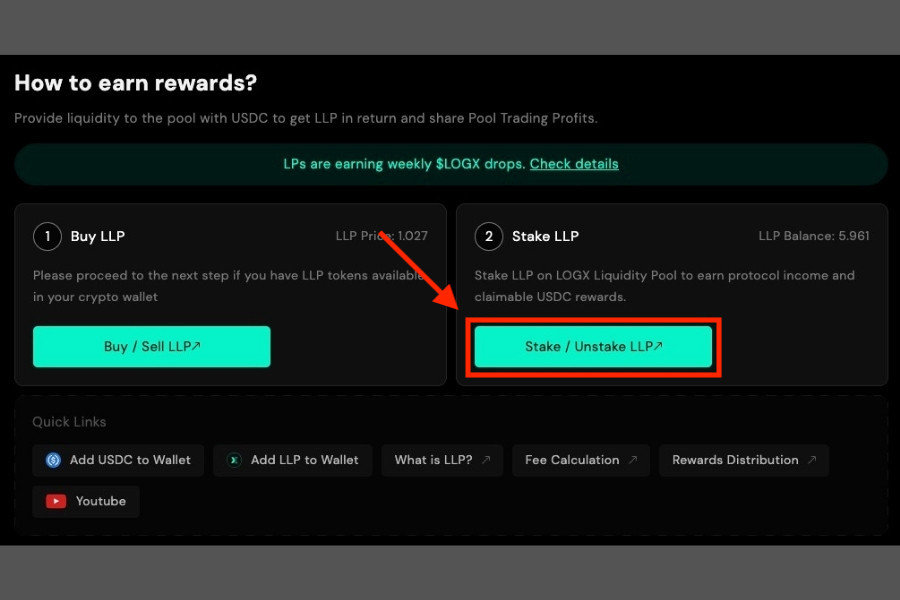 LogX「「Stake / Unstake LLP」をクリック」