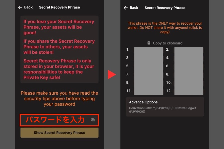 UniSat Wallet「パスワードを入力してシードフレーズを表示」