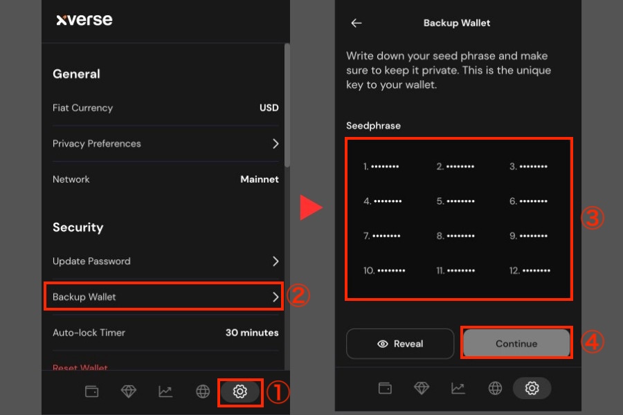 UniSat Wallet「Xverseのシードフレーズ」