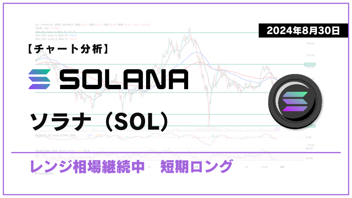 【チャート分析】ソラナ（SOL）：レンジ相場継続中 短期ロング【2024年8月30日】