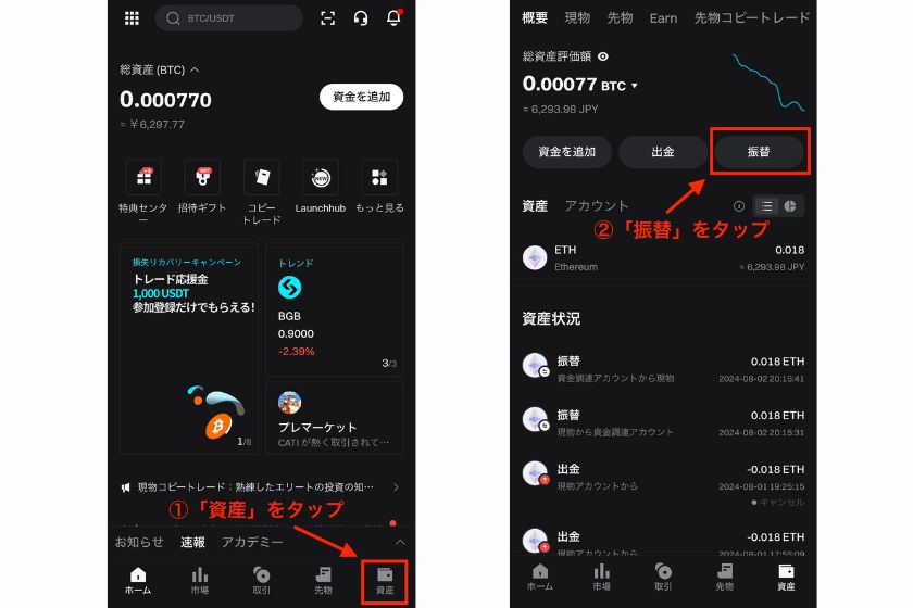 画像01：Bitget出金方法「現物アカウントへ資産移動01」