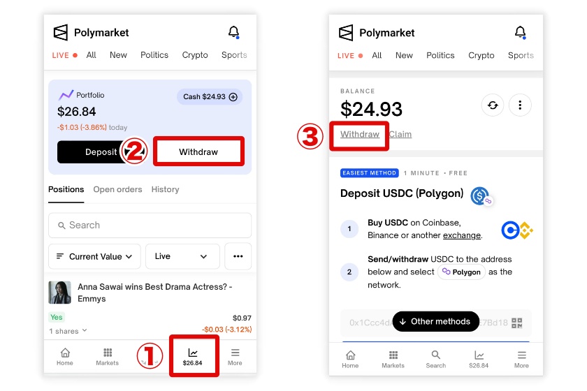 Polymarket使い方「出金方法1」