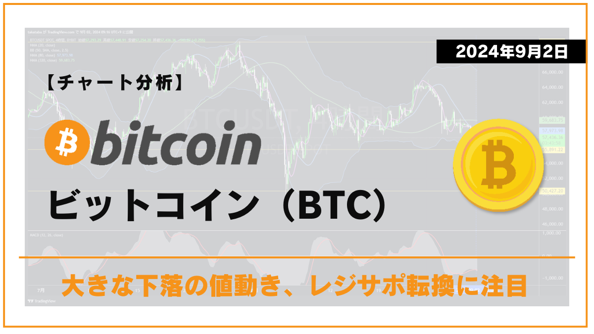 【チャート分析】ビットコイン（BTC）下落警戒、下位足でのレジサポ転換に注目：【2024年9月2日】