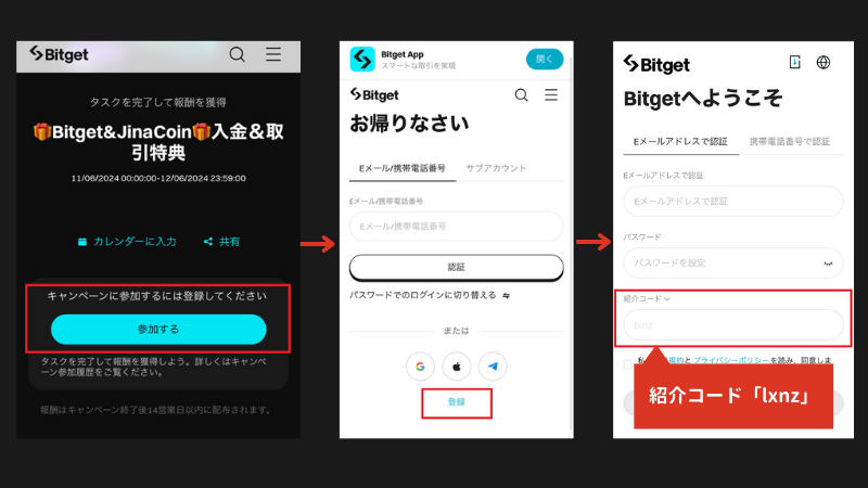 Bitget × JinaCoin限定キャンペーンの参加登録方法