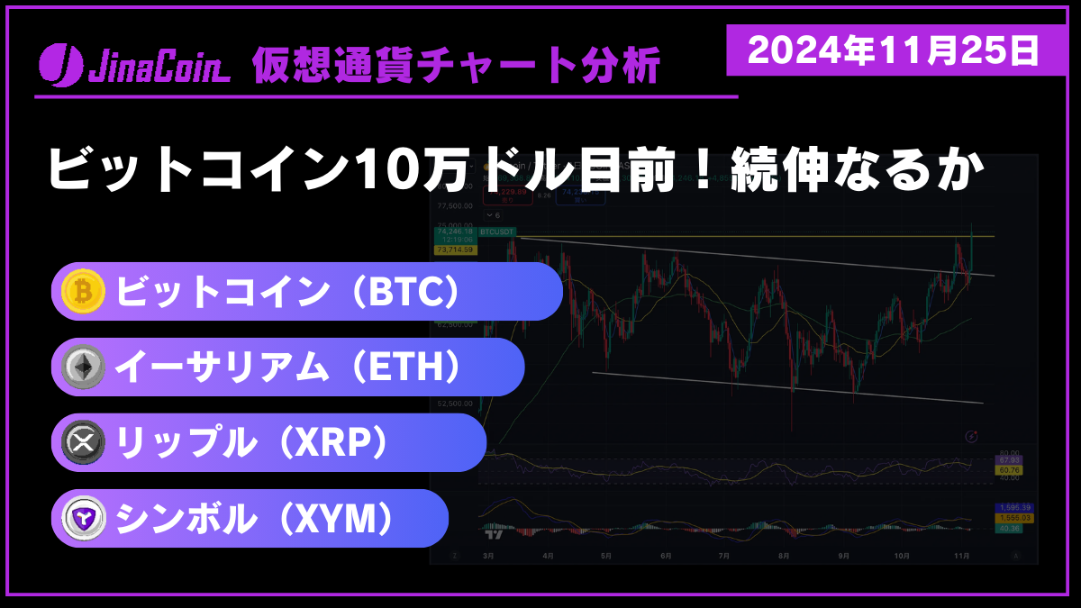 ビットコイン（BTC）、イーサリアム（ETH）、リップル（XRP）、シンボル（XYM）仮想通貨チャート分析　2024年11月25日