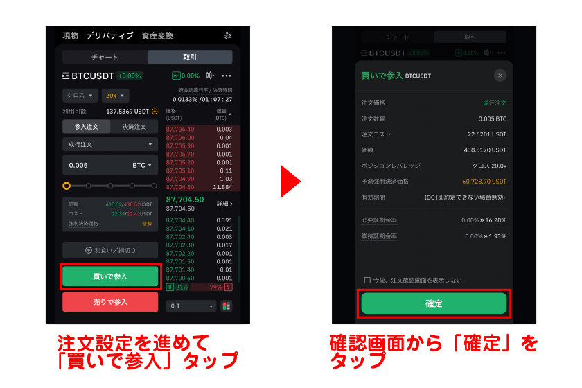 注文設定を進めて「買いで参入」→確認画面から「確定」をタップ