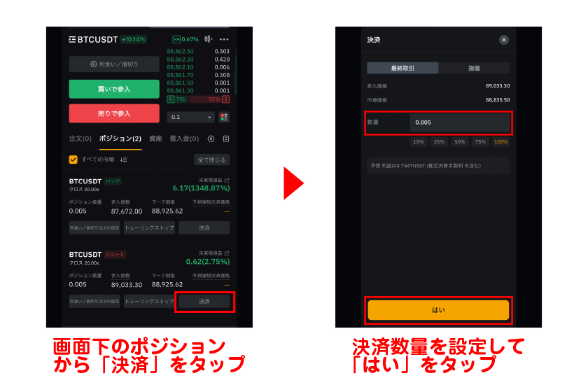 画面下のポジションから「決済」→決済数量を設定して「はい」をタップ