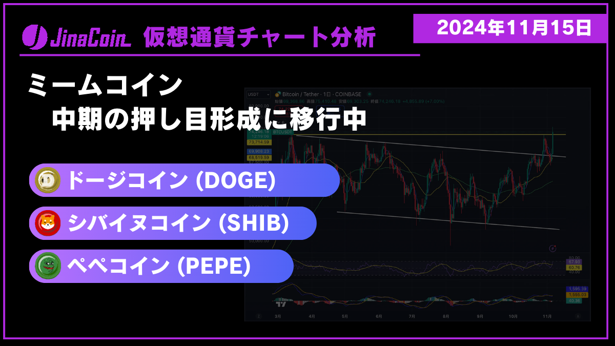 ドージコイン（DOGE）、シバイヌコイン（SHIB）、ぺぺコイン（PEPE）ミームコインチャート分析　2024年11月15日