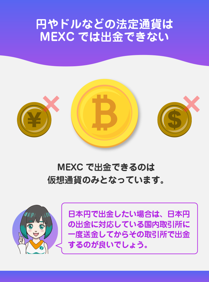 出金できるのは仮想通貨のみ（円やドルは×）