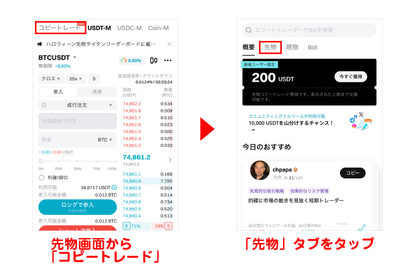 先物画面から「コピートレード」→「先物」タブをタップ