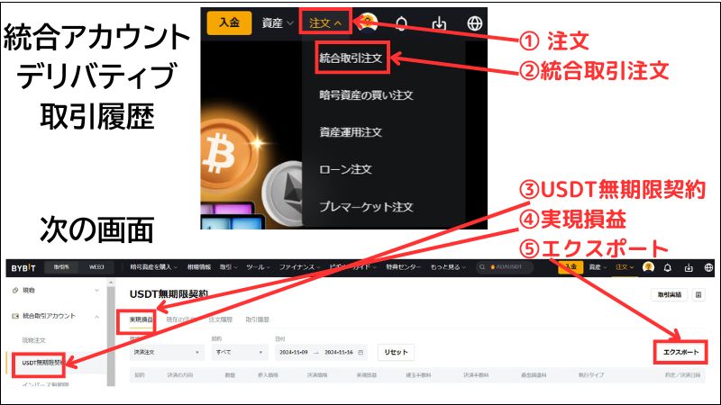 画像12：bybit 履歴「統合アカウントデリバティブ取引履歴ダウンロード画面」