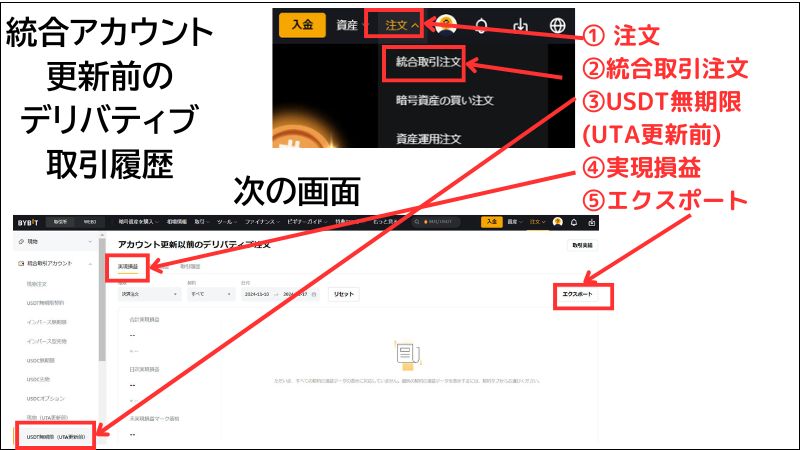 画像19：bybit 履歴「統合アカウント更新前のデリバティブ取引履歴ダウンロード画面」