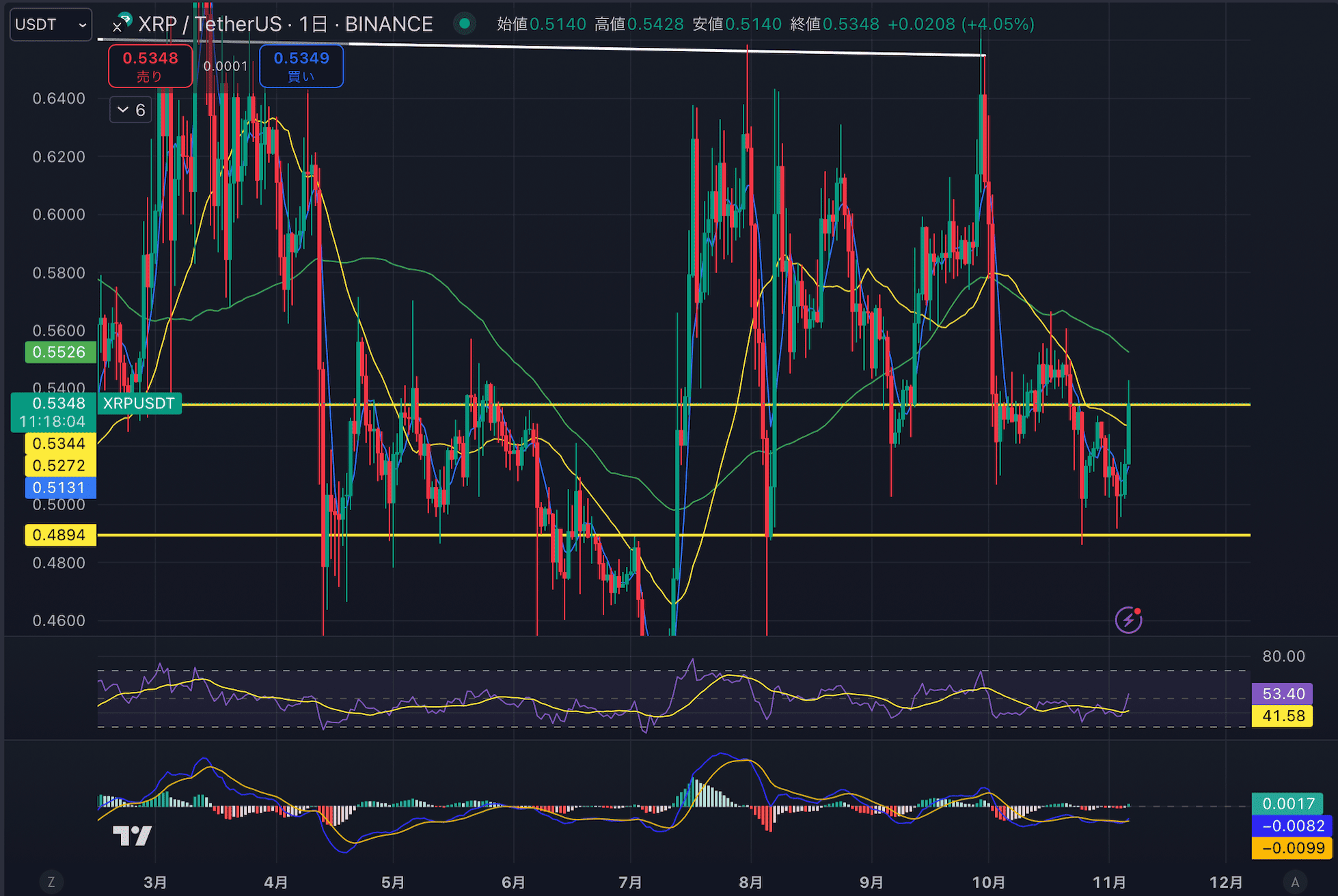 リップル（XRP）チャート分析【2024年11月6日】
