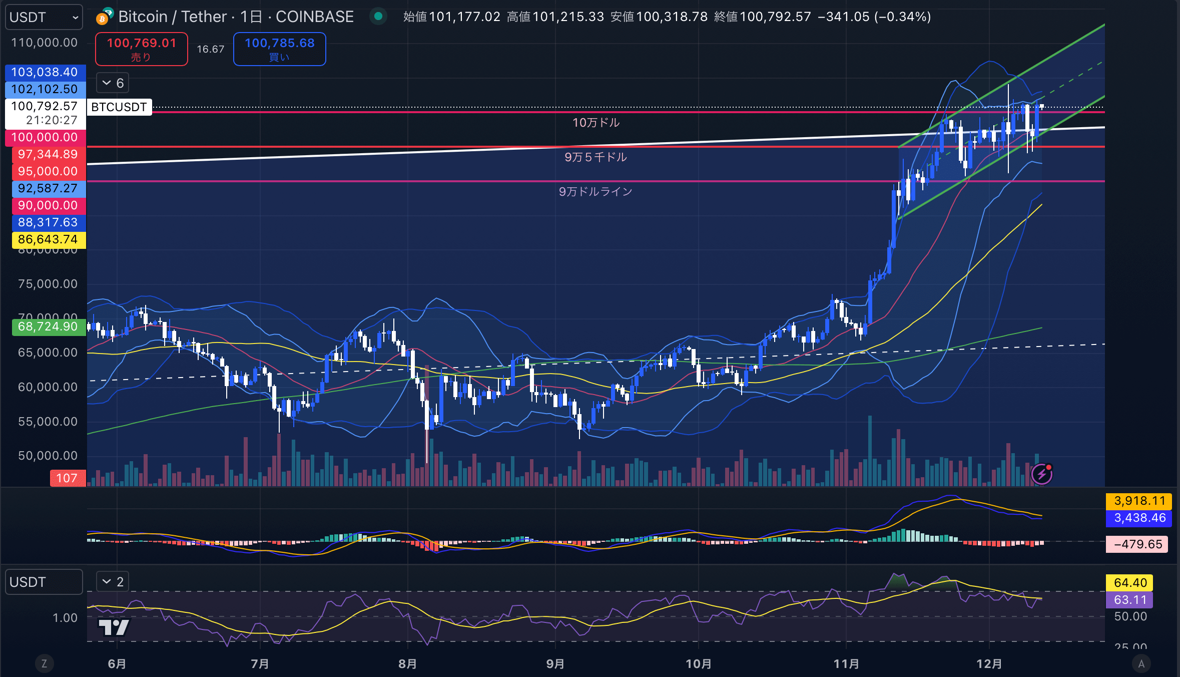 ビットコインチャート分析画像2024年12月12日 BTCUSD 日足