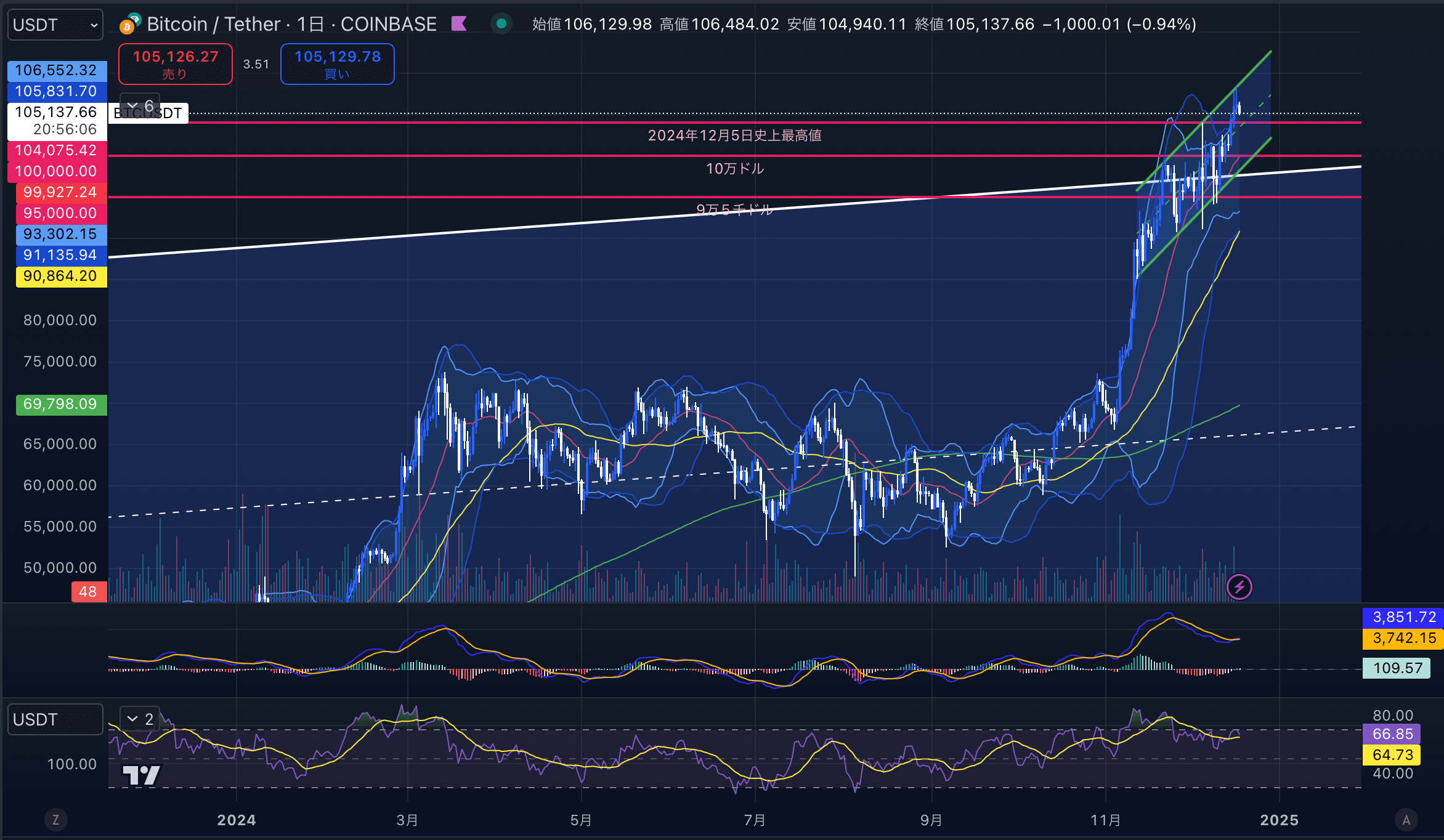 ビットコイン（BTCUSD）　日足チャート分析　2024年12月18日