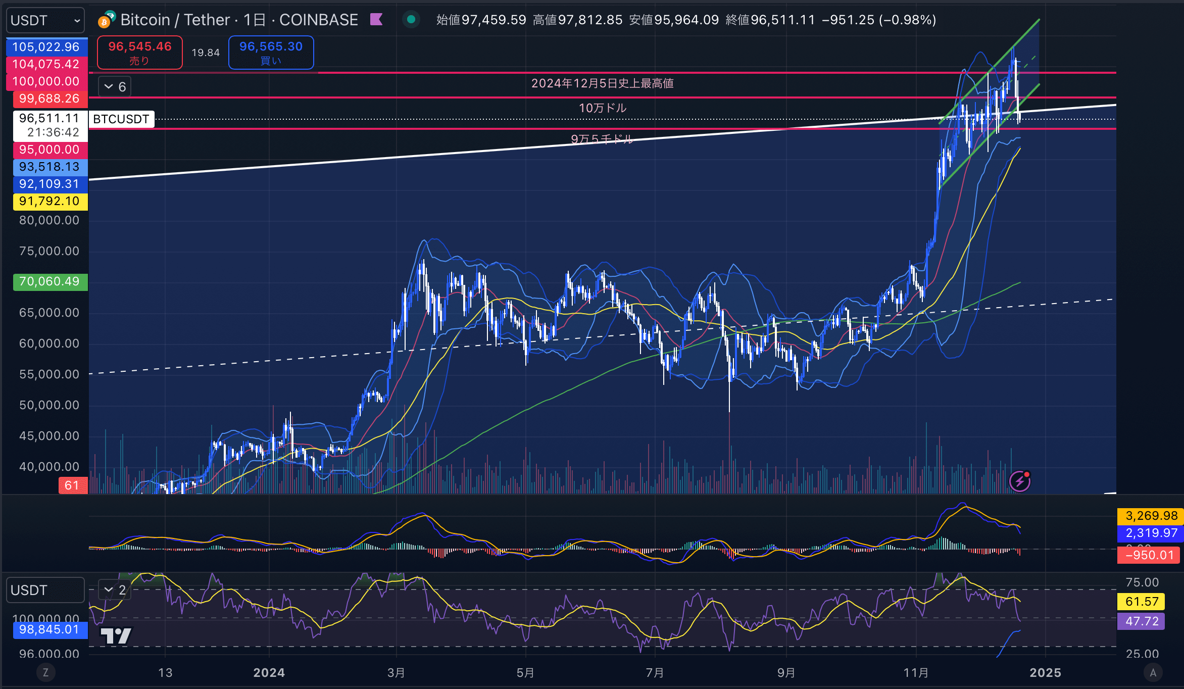 ビットコイン（BTCUSD）　日足チャート分析　2024年12月20日