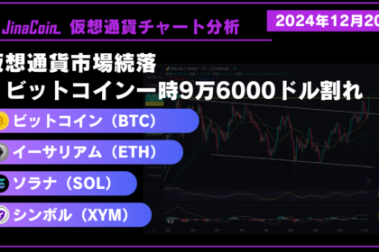 ビットコイン（BTC）、イーサリアム（ETH）、ソラナ（SOL）、シンボル（XYM）仮想通貨チャート分析　2024年12月20日