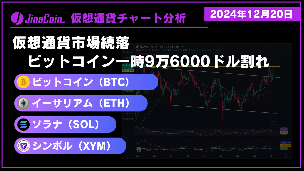 ビットコイン（BTC）、イーサリアム（ETH）、ソラナ（SOL）、シンボル（XYM）仮想通貨チャート分析　2024年12月20日