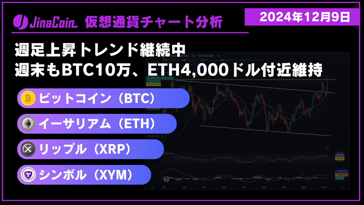 ビットコイン（BTC）、イーサリアム（ETH）、リップル（XRP）、シンボル（XYM）仮想通貨チャート分析　2024年12月9日